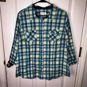 Christopher Banks Shirt Womens XL Blue/Green Plaid Long Sleeve Button Up Casual
